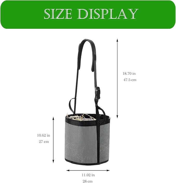 2pcs Horse Feed Bag Mesh Grain Feeder Bags Durable Hay Bag with Adjustable Strap, Large Horse Feeding Bag Comfort Neck Pad and Nose Pad (Black&Grey)