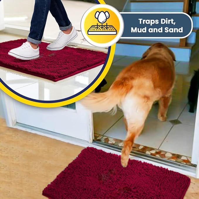 Muddy Mat® AS-SEEN-ON-TV Highly Absorbent Microfiber Door Mat and Pet Rug, Non Slip Thick Washable Area and Bath Mat Soft Chenille for Kitchen Bathroom Bedroom Indoor and Outdoor - Maroon 24" x 120"