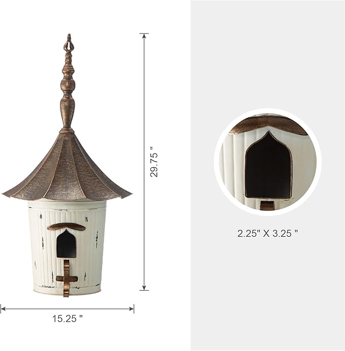 Glitzhome 29.75”H Metal Hanging Birdhouse for Outdoors Oversized Farmhouse Pagoda Painted Bird House with Bronze Roof for Bluebird Wren Chickadee Sparrow Bird Nest Box for Garden Patio, Washed White