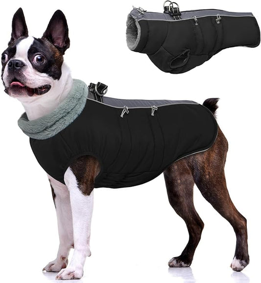 IDOMIK Warm Dog Coat with Harness Built-in, Thick Fleece Dog Winter Jacket with High Collar&Zipper, Waterproof Reflective Dogs Cold Weather Coats for Medium Dogs, Pet Snow Jacket Vest(Black,M)