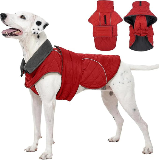Kuoser Extra Warm Windproof Dog Cold Weather Coat, Fleece Lined Turtleneck Christmas Dog Jacket, Quilted Pet Winter Snowsuit Thermal Clothes with Reflective Adjustable Straps, Red L