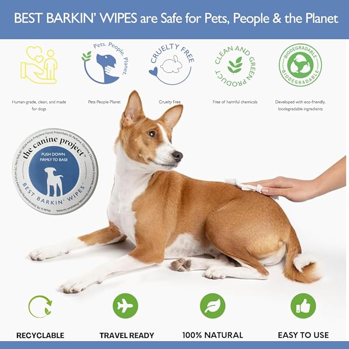 Best BARKIN' Wipes with Free Mesh Bag - Dog Wipes for Paws Ears and Butt - Micellar Aloe Scented Travel Friendly Puppy Wipes (100-Pack)