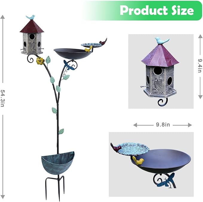 54.3 Tall Outdoor Metal Bird Bath Combo, Birdhouses for Outdoors, Bird Feeder Tray and Planter 4 in 1 Garden Yard Decoration