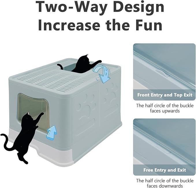 XL Foldable Cat Litter Box with Lid - Jumbo Enclosed Potty - Top Entry Anti-Splashing Toilet - Includes Scoop & 2-in-1 Cleaning Brush (Blue