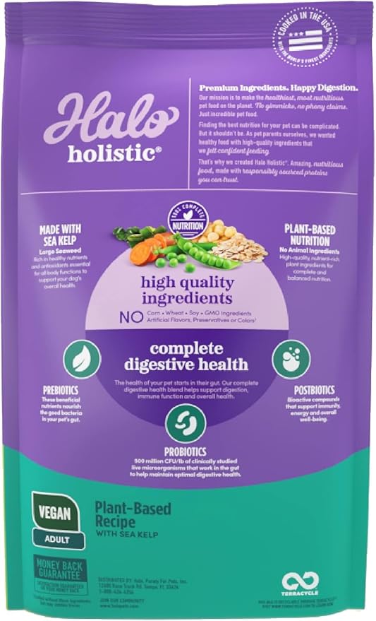 Halo Holistic Vegan Dog Food, Plant-Based Recipe with Kelp, Dry Dog Food, Complete Digestive Health, Kibble for Adult Dogs, 3.5 lb Bag