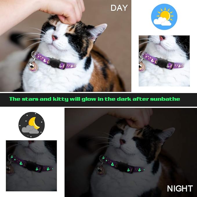 2PCS Breakaway Cat Collars with Bell Cute Kitty Glow in The Dark Adjustable Kitten Collars 7.9-13.0 Inch(Orange&Black)