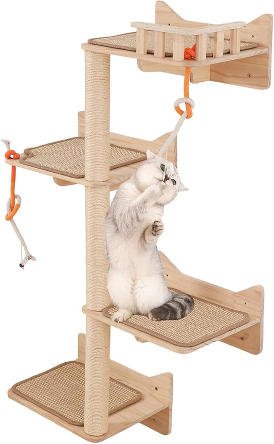 KVIDA Wall-Mounted Cat Tree for Large Cats – 7PCS Cat Wall Shelves with 3 Sisal Posts, Wide Perches & Lookout Tower, Vertical Climbing Cat Furniture for Indoor Cats to Scratch, Climb & Lounge