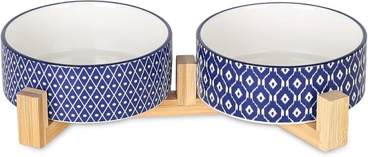 Selamica Ceramic 14 OZ Dog Bowls with Wooden Stand, Anti-Slip Dog Dishes Set for Cats & Small Dogs, Weighted Pet Bowls Set of 2, Vintage Blue