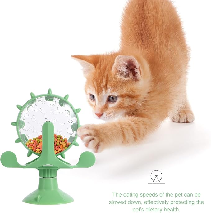 iplusmile Cat Food Leakage Toy, Interactive Windmill Game Cat Puzzle Food Treat Dispensing Toy with Suction Cup for Kitten Puppy Slow Feeder Snacks, Green