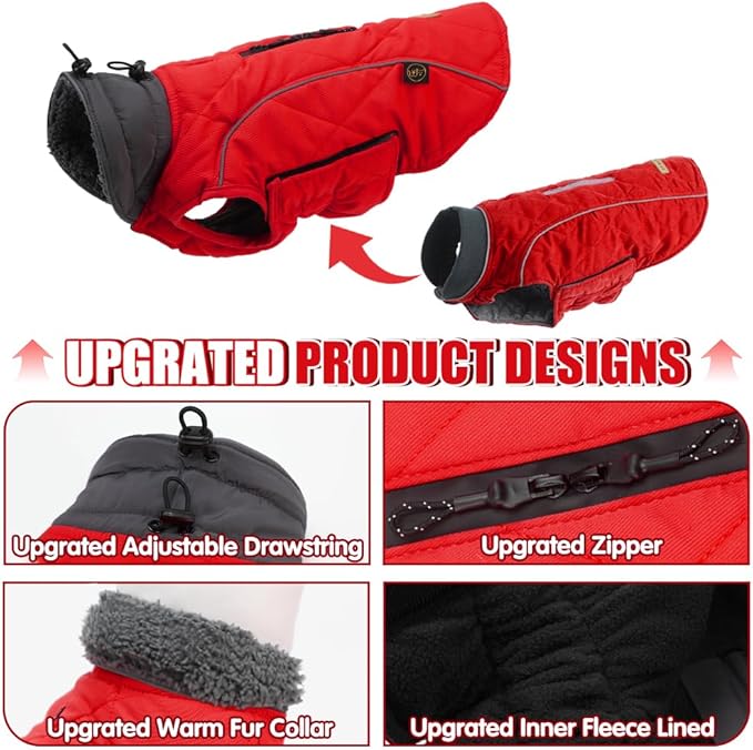 EMUST Winter Coat for Large Dogs, Windproof Dog Jacket for Cold Weather, Extra Warm Dog Winter Clothes for Small Medium Large Dogs, Red, XXL