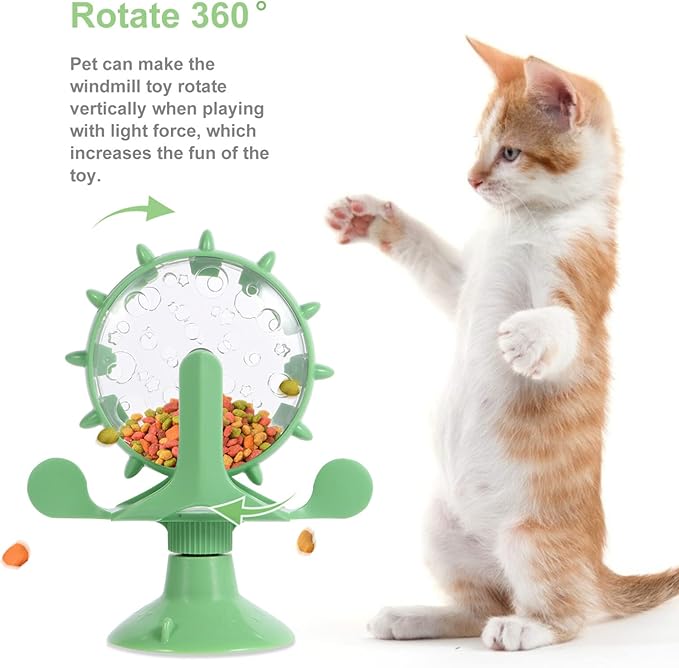 iplusmile Cat Food Leakage Toy, Interactive Windmill Game Cat Puzzle Food Treat Dispensing Toy with Suction Cup for Kitten Puppy Slow Feeder Snacks, Green