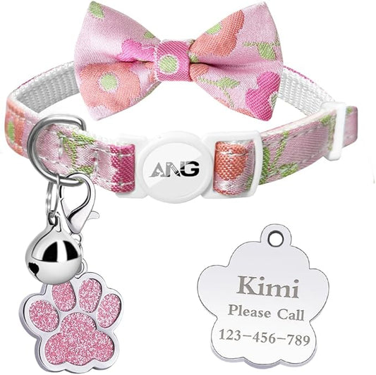 Personalized Breakaway Cat Collars - ID Tag, Bell, Bowtie - Safety Quick-Release, Customized for Girls & Boys Cats (Floral Pattern-Pink)