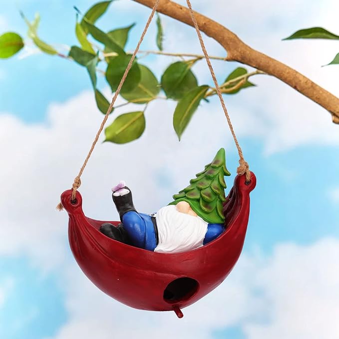 BAYN Bird House for Outside, Hanging Handcrafted Hammock Gnome Resin Outdoor birdhouses Humming Bird, Bluebird, Wren, Camper Hanging Houses nest cage
