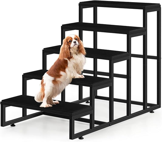 5 Steps Wooden Dog Stairs for Small & Large Dogs, High & Tall Beds - Black, Supports up to 100 lbs