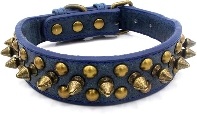 Spiked Dog Collar, Mushrooms Rivet Studded Adjustable Pu Leather Pet Collars for Cats Puppy Dogs (L, Navy)