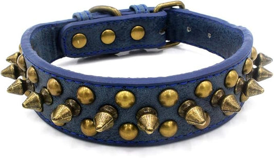 Spiked Dog Collar, Mushrooms Rivet Studded Adjustable Pu Leather Pet Collars for Cats Puppy Dogs (L, Navy)