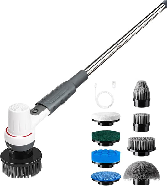 AQQA 8-in-1 Electric Aquarium Cleaning Kit Cordless Rechargeable Glass Scrubber IPX9 Waterproof Handheld Fish Tank Cleaner Powerful Algae Scraper & Cleaning Brush Set (Grey)