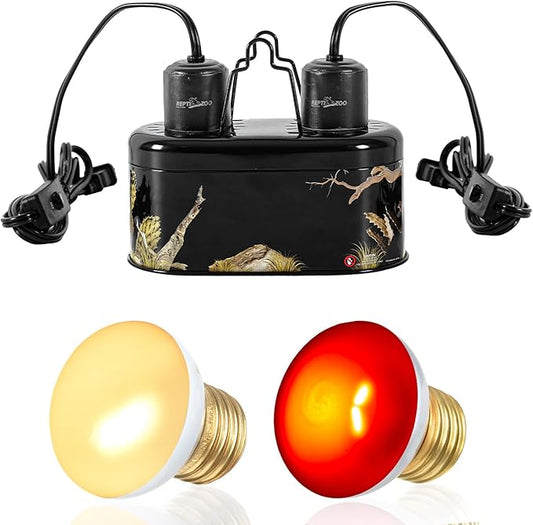 REPTI ZOO Nano Dual Dome Reptile Light Fixture and 25W Reptile Heat Lamp Combo Pack, Mini Daylight Basking Spot Heat Lamp & Nano Heat Emitter Basking Spot Lamp