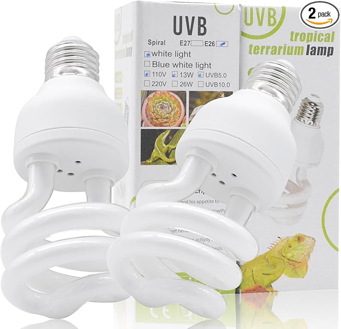 UVB Light Bulb for Reptiles, 13W 5.0 UVA UVB Heat Lamp Bulbs Ideal for Rainforest Reptiles, Bearded Dragons Lizard Turtle Tortoise Iguanas Chameleons Snake (2 Pack)