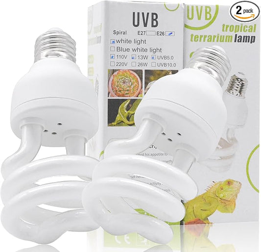 UVB Light Bulb for Reptiles, 13W 5.0 UVA UVB Heat Lamp Bulbs Ideal for Rainforest Reptiles, Bearded Dragons Lizard Turtle Tortoise Iguanas Chameleons Snake (2 Pack)