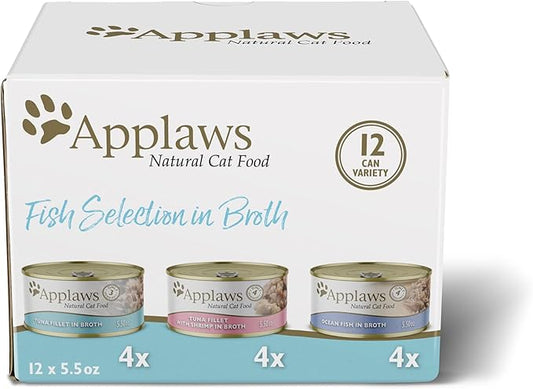 Applaws Natural Wet Cat Food, 12 Count, Limited Ingredient Canned Wet Cat Food, Fish Variety Count in Broth, 5.5oz Cans