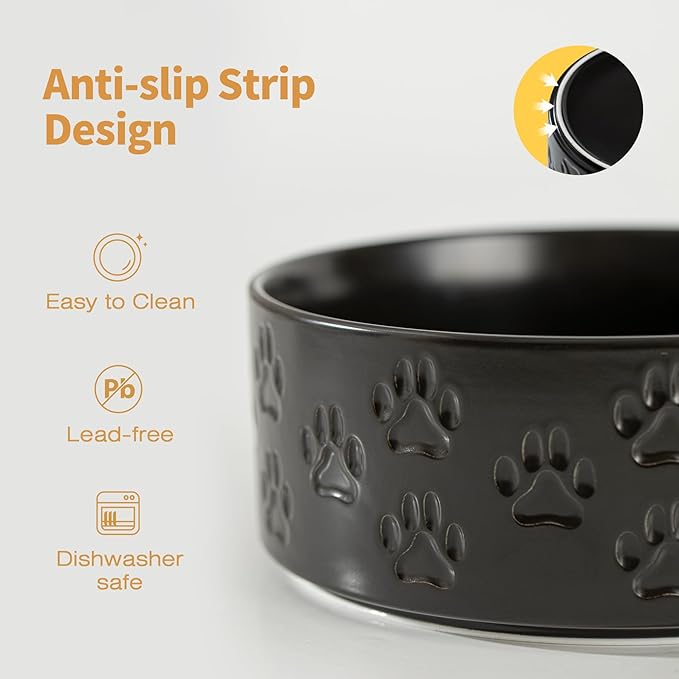 Ceramic Dog Bowl Set with Anti-Slip Rings for Medium Breed Dogs, 7.3" Food and Water Bowls, Pet Dishes for Medium-Sized Dogs (Double Bowls - Black, 7.3 inch)