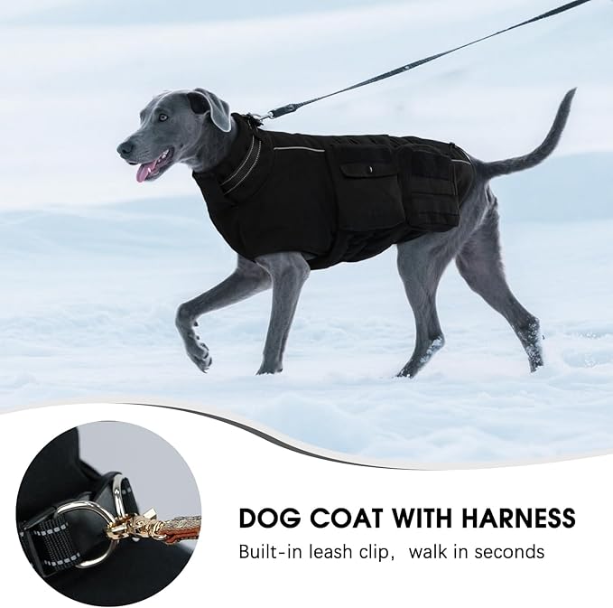Dora Bridal Dog Winter Coat with Harness Built in, Warm Windproof Reflective Dogs Jacket for Extra Large Dogs, Pet Vest with Molle Panels and 3 Pouches for Male Dog, Black, 3XL