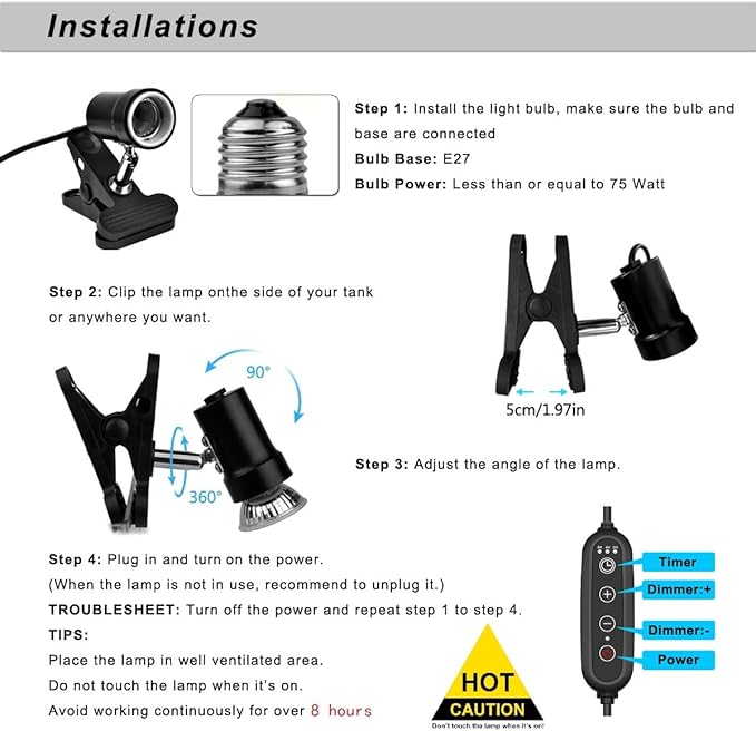 DOMICA Dimmable Reptile Heat Lamp with Timer + 50W UVA UVB Light Bulb, Basking Spot Light Simulated Sunlight, Heating Lamp for Turtle, Lizard, Snake, Beared Dragon, Amphibians