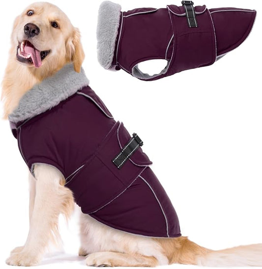 Lelepet Warm Dog Coat Reflective Fleece Vest Waterproof Dog Jacket with Adjustable Buckle Hook & Loop Windproof Cold Weather Coats for Small Medium Large Dogs, Dark Purple, XXL