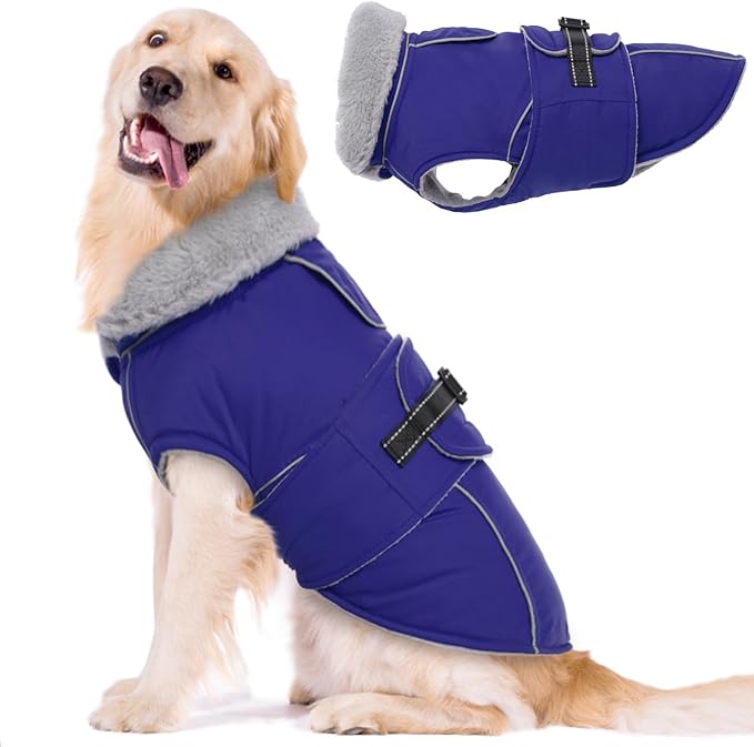 Lelepet Warm Dog Coat Reflective Fleece Vest Waterproof Dog Jacket with Adjustable Buckle Hook & Loop Windproof Cold Weather Coats for Small Medium Large Dogs, Blue, XL