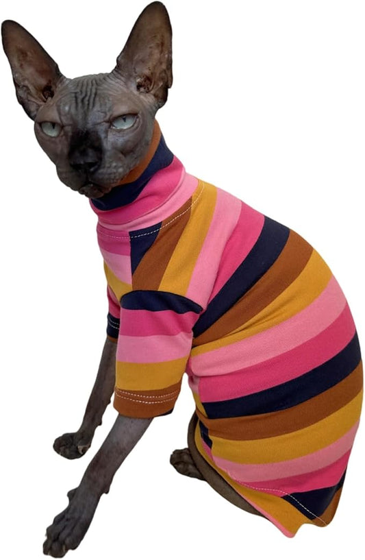 Vintage Stripes Sphynx Hairless Cats Shirt Cotton Cat Turtleneck Pet Clothes Kitten T-Shirts with Sleeves for Sphynx Cornish Rex, Devon Rex, Peterbald (Moning Glory, X-Large (Pack of 1))