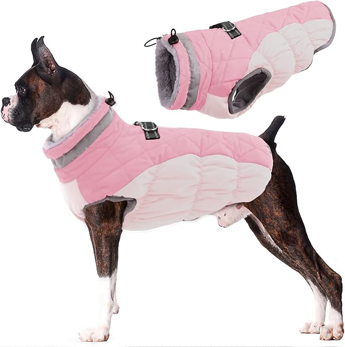 Lelepet Dog Coat Warm Dog Winter Coat Waterproof Dogs Jacket with Harness Built in Reflective Pet Fleece Vest Zip-Up Cold Weather Coats for Large Dogs Turtleneck & Windproof Coats Boston Terrier Pink
