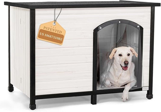 Petsfit 45.3" Large Dog House, Folding Dog House Outdoor, Unfold to Use, No Tools Required Assembly, Weatherproof Outside Dog House with Door Flap (Large, White)