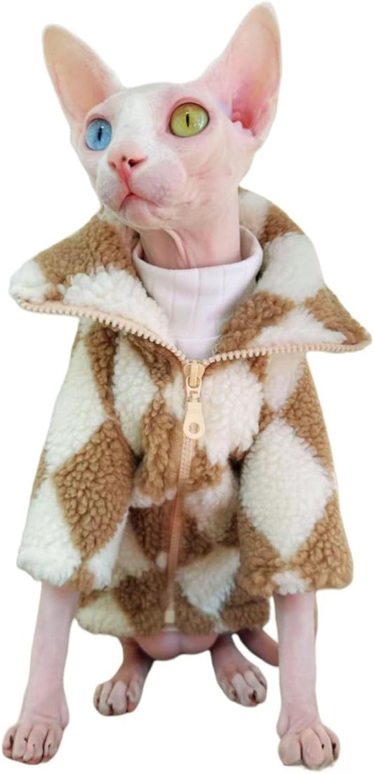 Turtleneck Sphynx Cat Winter Clothes, Double-Sided Fleece Jacket with Zipper, Sweater for Sphynx Cat Winter Warm Outfit Coat for Hairless Cats and Small Dogs Apparel with Sleeves (Diamond, X-Large)