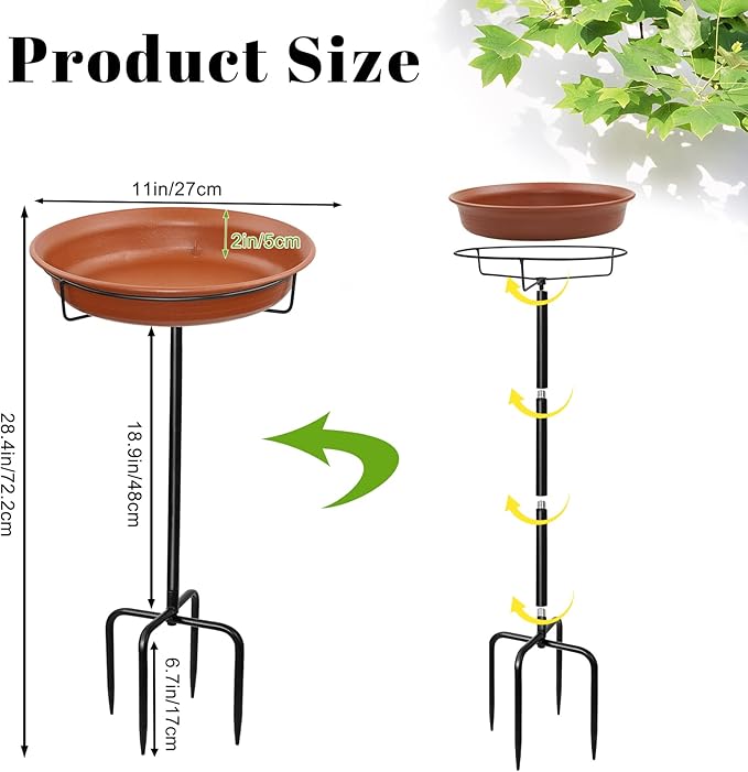 28In Freestanding Birdbaths Bowl Outdoor, Free Standing Garden Bird Bath Bird Feeder Bowl with Metal Stake, Detachable Decoration Spa Birdfeeder for Garden Patio Yard Lawn, 4 Spiky Feet (Brown)