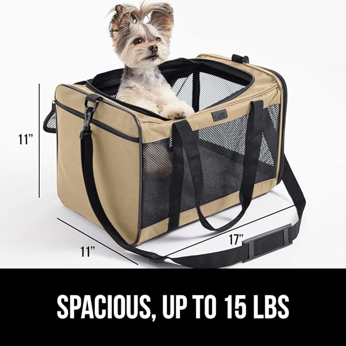 GORILLA GRIP Cat Carrier Travel Bag Up to 15 Lbs, Soft Collapsible Small Dog Carriers, Top and Side Entry Breathable Mesh, Grip Feet on Underside, Cozy Washable Waterproof Pad, Portable Kennel, Beige