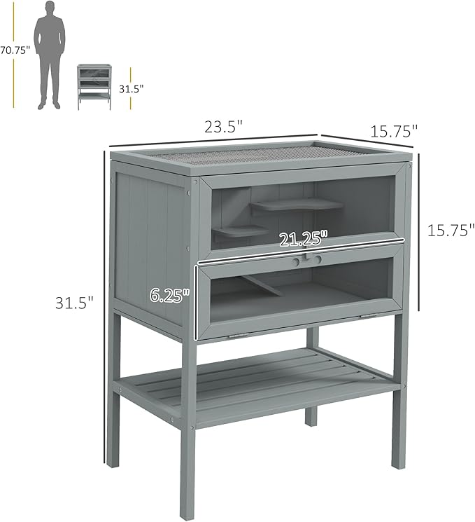 PawHut 3-Tier Wooden Hamster Cage Mice and Rat Cage Small Animals Hutch with Openable Top, Front Door, Storage Shelf, Gray