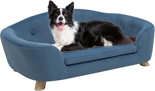 SHAVI Large Dog Couch, 35" Wide Pet Sofa for Large and Medium Dogs with Removable Mattress Cover, Luxury Raised Dog Couch Velvet Lounging Bed with Anti-Slip Bottom(Blue)