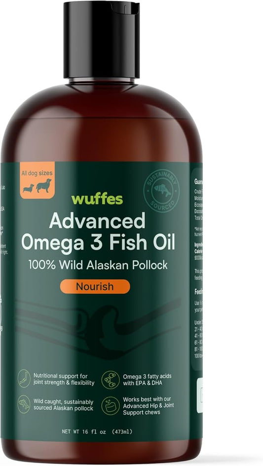 Wuffes Advanced Omega 3 Fish Oil for Dogs, Natural EPA & DHA Fatty Acids, Supports Healthy Skin and Coat, Joint Nutrition, Digestion & Immune System - 100% Pure Wild Alaskan Fish Oil, 16 Oz