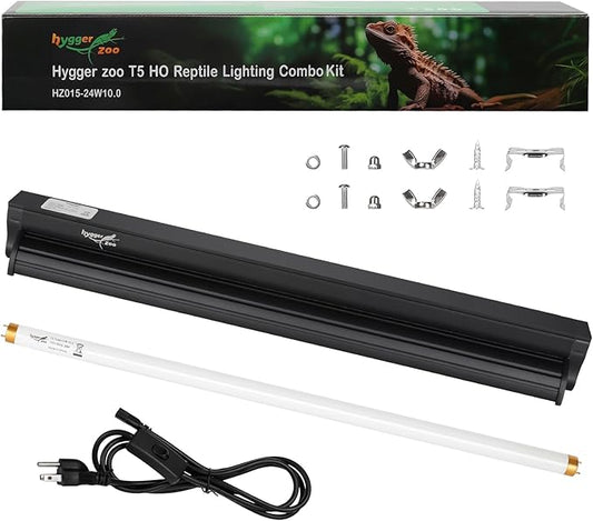 T5 UVB Reptile Light Fixture HO UVB Bulb Lighting Combo Kit, 10.0 UVB Light for Reptiles Terrarium Hood with 24W Reptile Light Bar UVA UVB Desert Lamp for Bearded Dragon Turtle Tank, 22Inch
