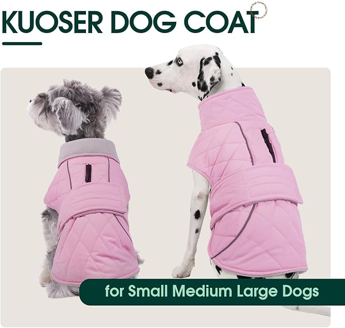 Kuoser Dog Coat, Extra Warm Dog Jacket Windproof Dogs Cold Weather Coats for Small Dogs, Fleece Lining Turtleneck Doggy Snowsuit Reflective Adjustable Pet Winter Clothes Christmas, Pink S