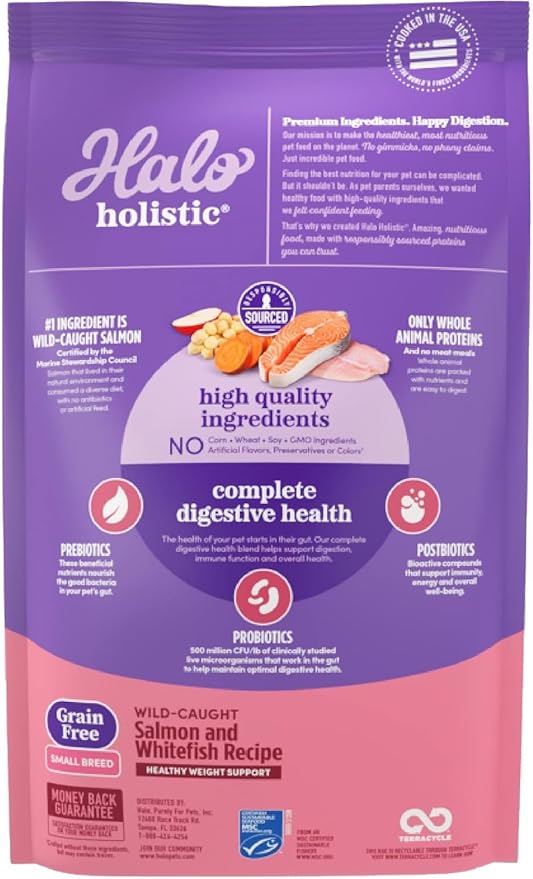 Halo Holistic Small Breed Dog Food, Wild Caught Salmon & Whitefish Recipe, Grain Free Dry Dog Food, For Healthy Weight Support, 10 lb Bag