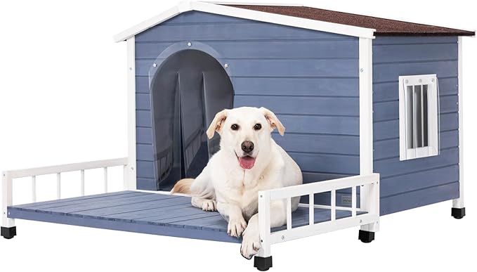 Petsfit Large Dog House - 45" L x 54" W x 33" H with Terrace & Openable Roof, XL Outdoor House for Large Dogs, Window & Door Flap