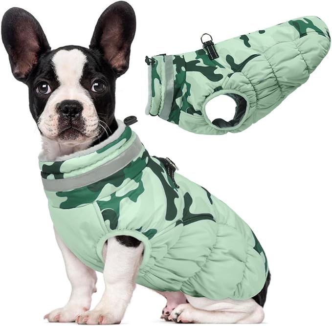 Lelepet Dog Coat Warm Dog Winter Coat Waterproof Dogs Jacket with Harness Built in Reflective Pet Fleece Vest Zip-Up Cold Weather Coats for Medium Dogs Turtleneck Windproof Dachshund Mint Green Camo M