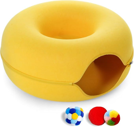 Large Cat Tunnel Bed for Indoor Cats with 3 Toys, Scratch Resistant Donut Cat Bed, Up to 30 Lbs (L 24x24x11, Yellow)
