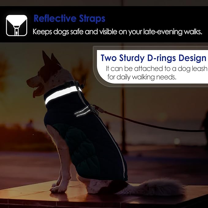 AOFITEE Dog Coat, Warm Dog Winter Coat, Reflective Turtleneck Large Dogs Jacket with Harness Built in, Turtleneck Pet Winter Jacket, Waterproof Pet Snow Jackets Fleece Vest, Navy XL