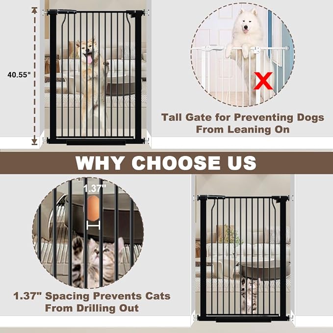 41" Extra Tall Baby Gate With Door, 29.6-40.5 In Wide Dog Gates for Doorways Stairs, Walk Through Large Pet Gate Indoor, Pressure Mounted Child Safety Gates for Kids Puppy Doggie Metal Black