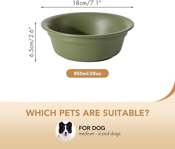 Ceramic 7.1inch Set of 2 Dog Bowls for Medium and Large Dogs, 2pcs Basic Food and Water Dishes for Replacement, Wide Opening Rounded Edge(2 Bowls, Olive Green)
