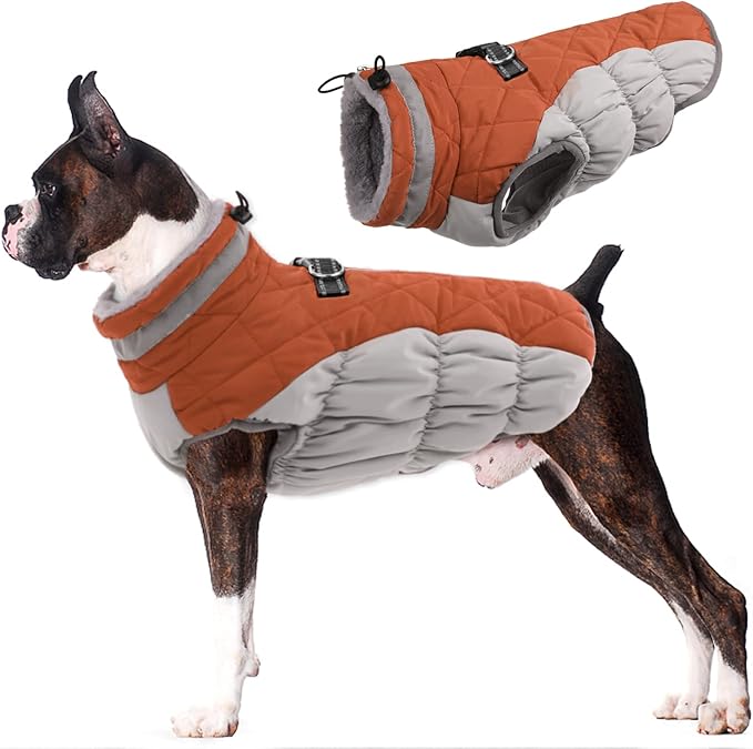 Lelepet Dog Coat Warm Dog Winter Coat Waterproof Dogs Jacket with Harness Built in Reflective Pet Fleece Vest Zip-Up Cold Weather Coats for Large Dogs Turtleneck & Windproof Coats Boston Terrier Brown