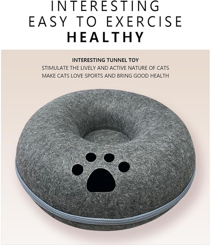 Tunnel nest, Donut nest, Fun Ventilation peep Hole, Detachable Zipper cat Bed, Felt Washable, All Season Universal cat Bed Suitable for Cats (Dark Gray, Small)